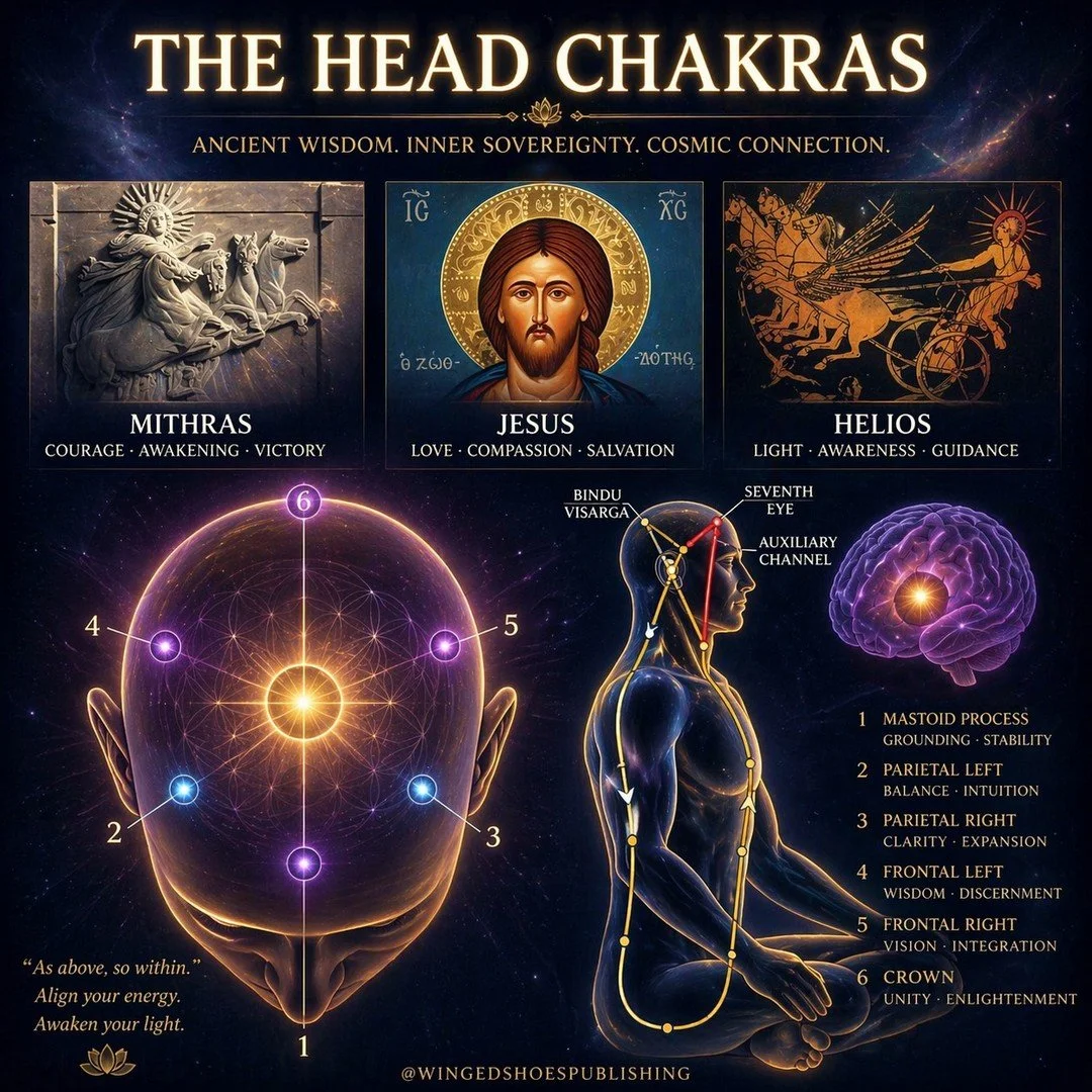 HEAD CHAKRAS
"On the diagram below (Figure 26), Chakra 1 is known as the Seventh Eye. It is an important minor Chakra on the head that, along with the Bindu (Chakra 6), works to power the circuit of the Kundalini within the Body of Light. These 