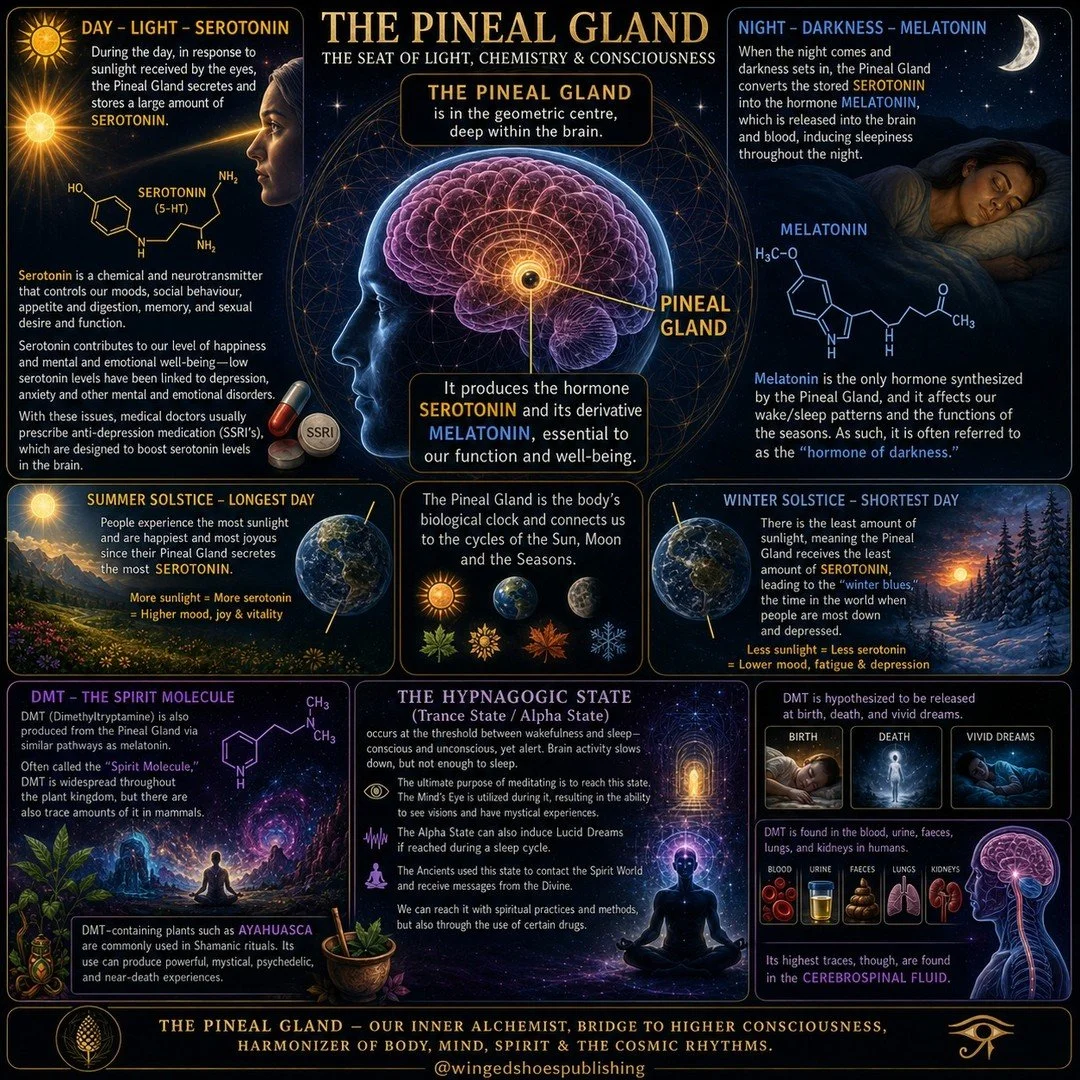 "The Pineal Gland is in the geometric centre, deep within the brain. It produces the hormone serotonin and its derivative melatonin, essential to our function and well-being. Serotonin is a chemical and neurotransmitter that controls our moods, 