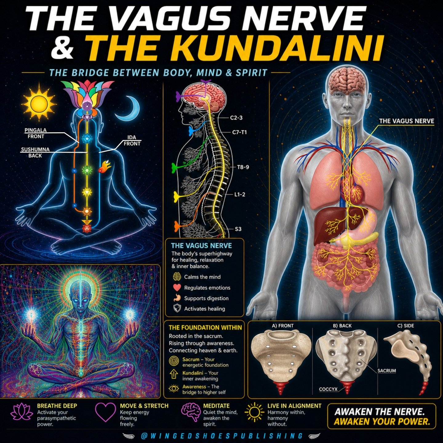 THE VAGUS NERVE AND THE KUNDALINI
"There are interesting similarities between the Vagus Nerve and the Kundalini worth examining. After seeing the correspondences, it will be self-evident that the Vagus Nerve complements the Kundalini awakening p