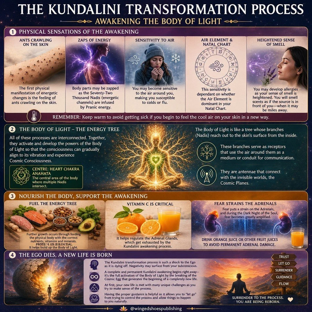 "The Kundalini transformation process often begins with unusual physical sensations that can feel both mysterious and overwhelming. One of the earliest manifestations is the sensation of ants crawling across the skin, as though currents of invis