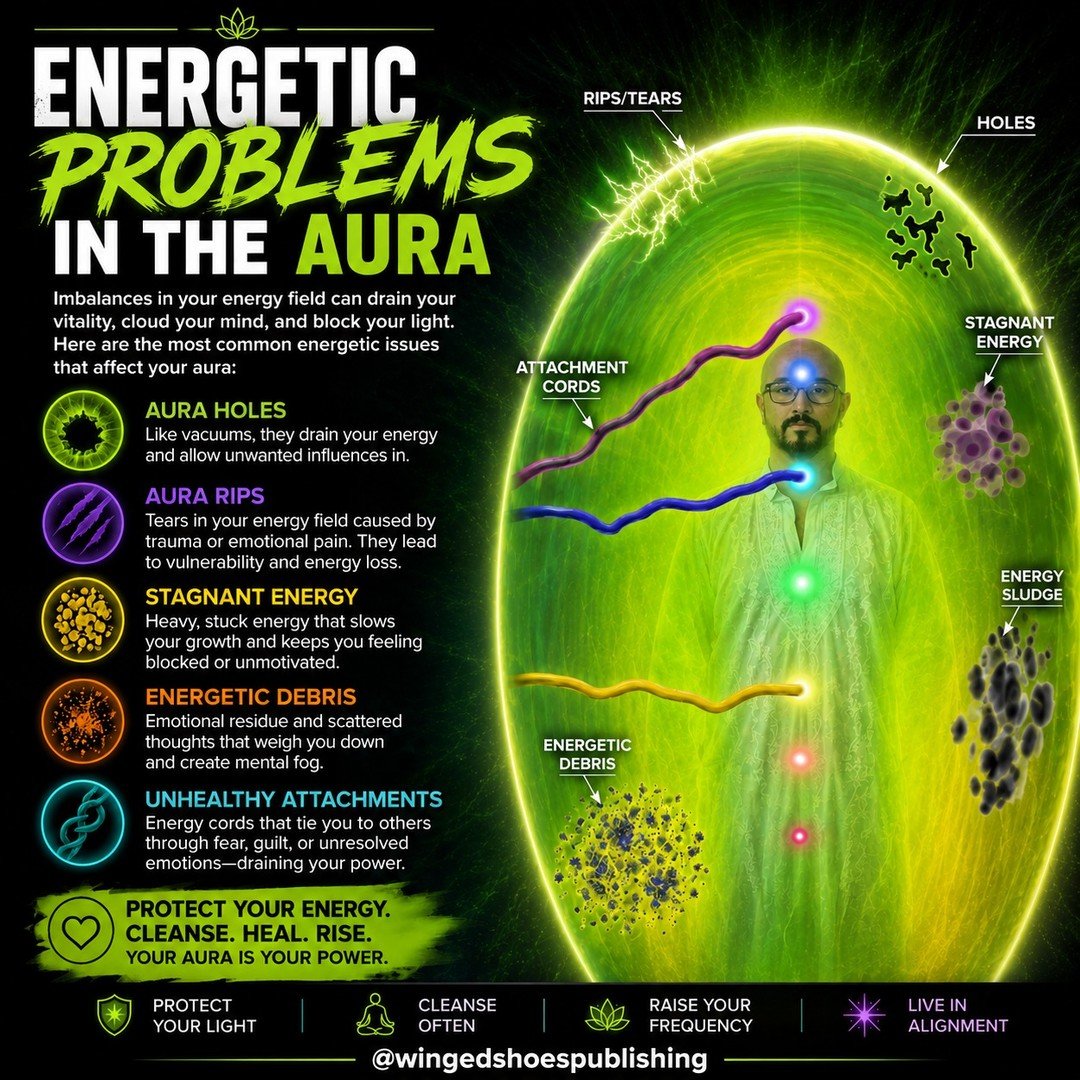 ENERGETIC PROBLEMS WITHIN THE AURA
"Energetic problems within the Aura manifest as holes, rips, or stagnant energy. Holes in the Aura can be found on the outer shell and look like vacuums of draining energy; they represent severe energy loss and