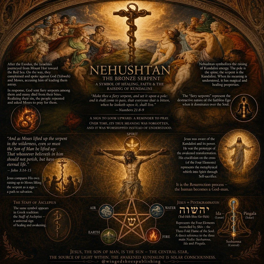 "The story of Nehushtan, the Bronze Serpent, is one of the Bible's clearest symbols of the Kundalini awakening. The staff represents the human spine, while the serpent symbolizes the Kundalini energy ascending toward the Divine. Rather than depi