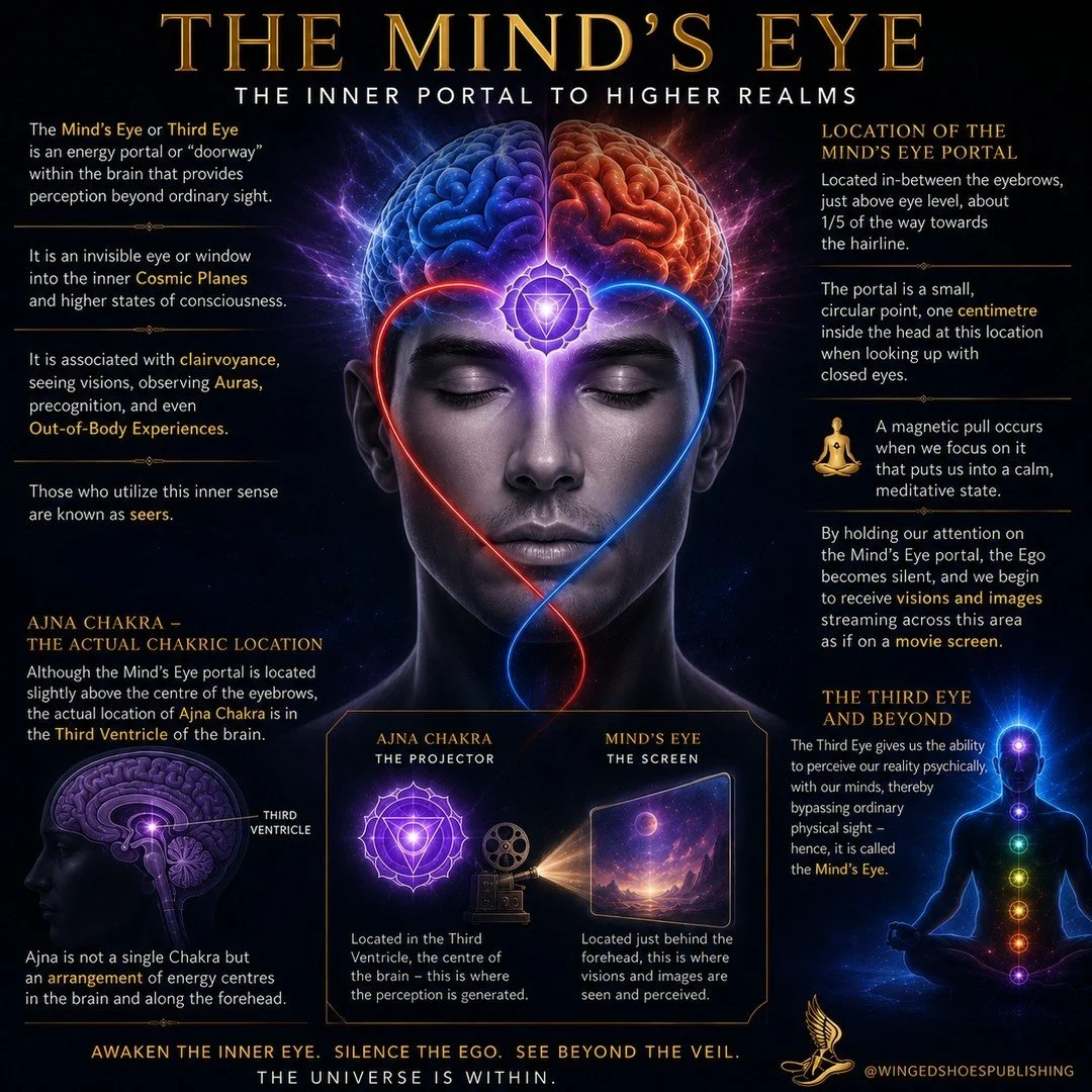 "The Mind's Eye or Third Eye is an energy portal or "doorway" within the brain that provides perception beyond ordinary sight. It is an invisible eye or window into the inner Cosmic Planes and higher states of consciousness. The Mind's