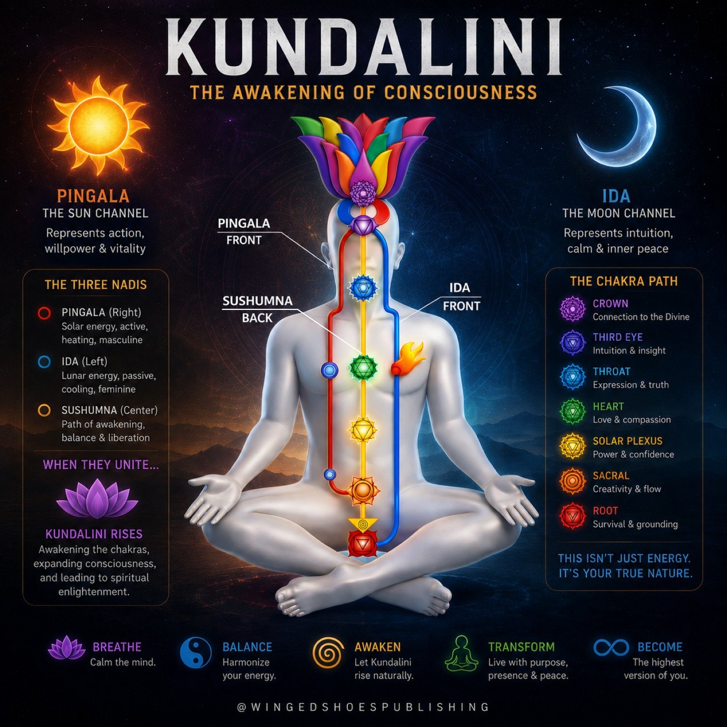 "The Seven Chakras form the central axis of human consciousness&mdash;seven energy centers aligned along the spine, each governing a layer of experience. In their dormant state, they filter reality through instinct, emotion, and thought. But whe