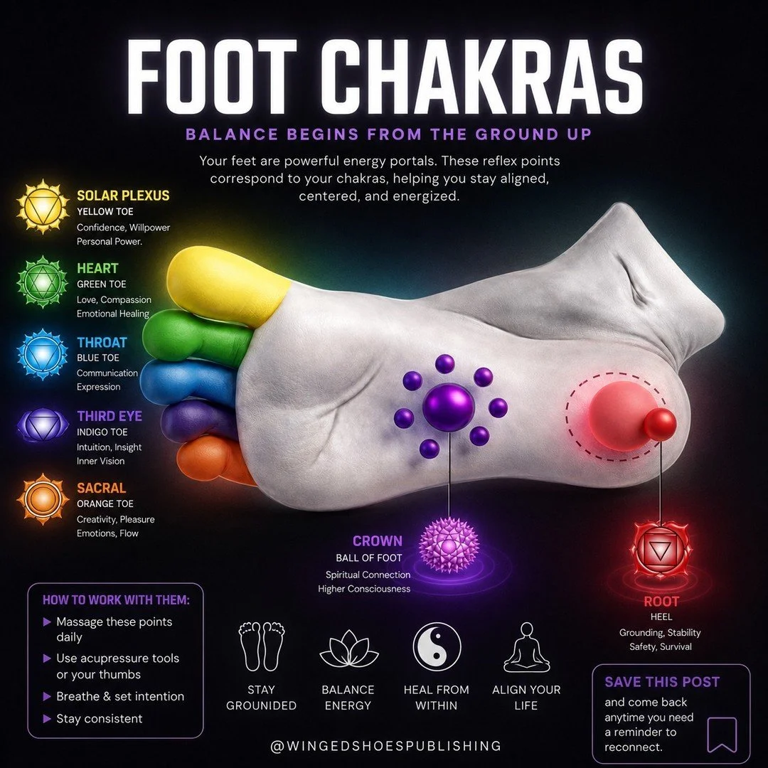 THE FOOT CHAKRAS
"Along with the Seven Major Chakras that run vertically through the body, we have a web of auxiliary energy centres, or Minor Chakras in the feet and the hands, that provide a broad spectrum of energy influx into our system. Unf