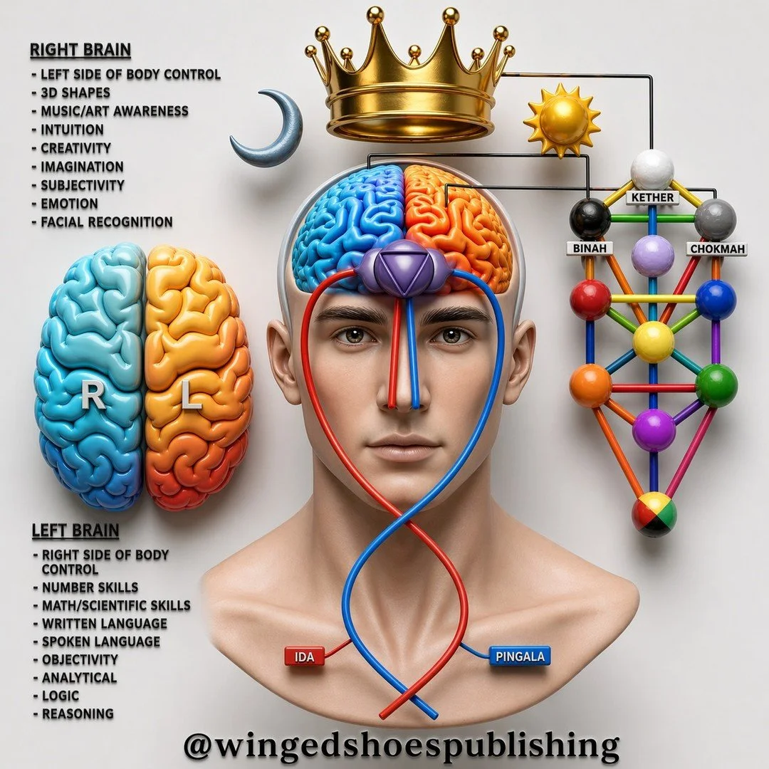 LEFT AND RIGHT BRAIN HEMISPHERES
"In the Qabalah, the two highest inner faculties of a human being are Wisdom and Understanding; both received through intuition. These two aspects of Self exist in duality with one another, as you cannot have one