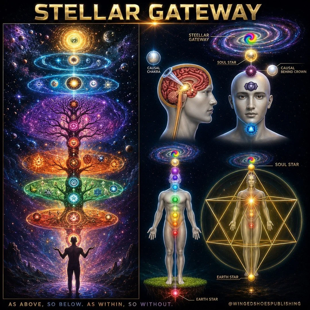 "The Stellar Gateway Chakra, Vyomanga (Sanskrit for "Heavenly Being"), is about twelve inches above the top of the head, directly above the Soul Star and Crown Chakra. The colour of this Chakra is pure gold or rainbow (when activated).