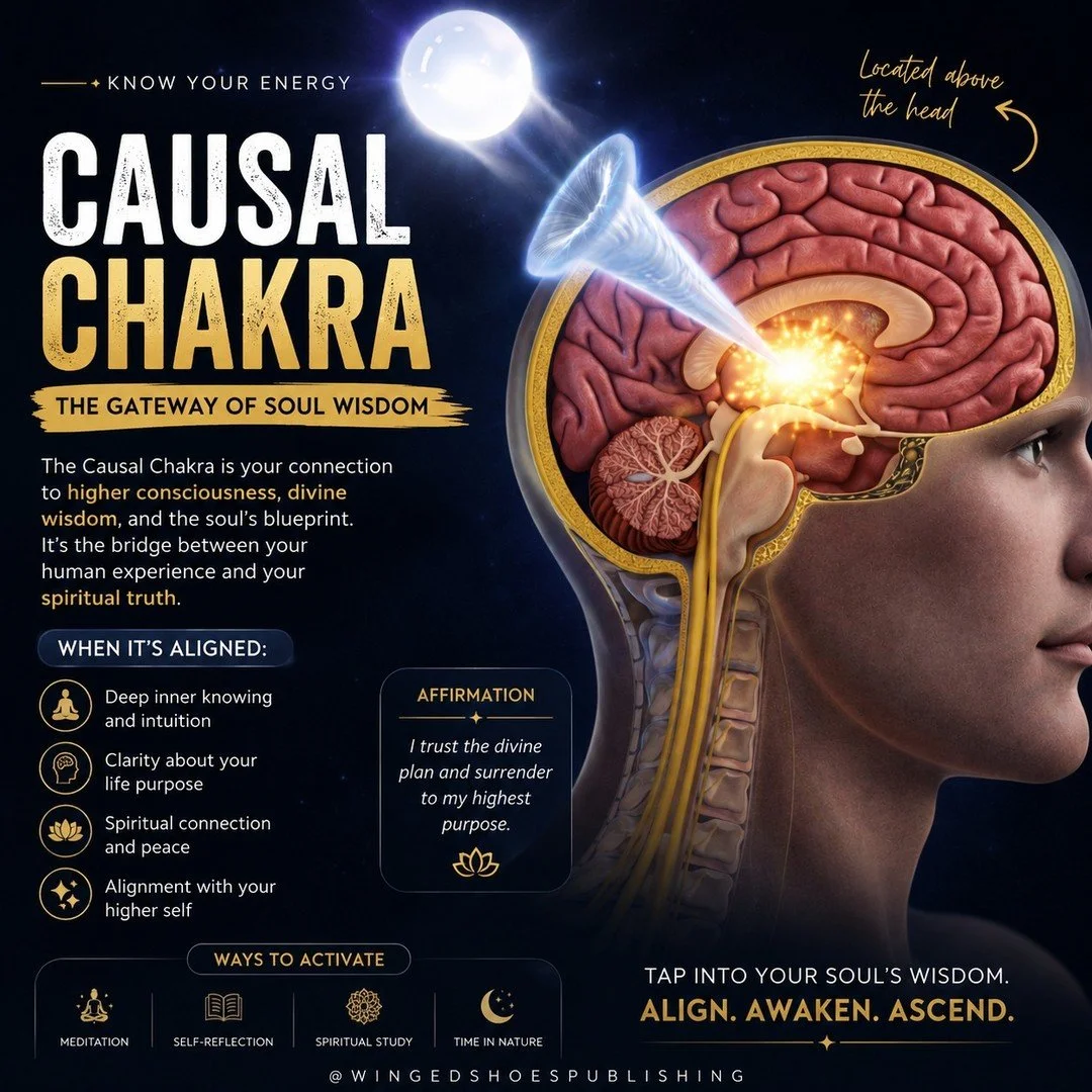 "The Causal Chakra is a highly advanced energy center located approximately two to three inches behind the crown of the head, aligned with the Sahasrara Chakra and accessed through the Bindu point within the skull. The Bindu serves as the gatewa