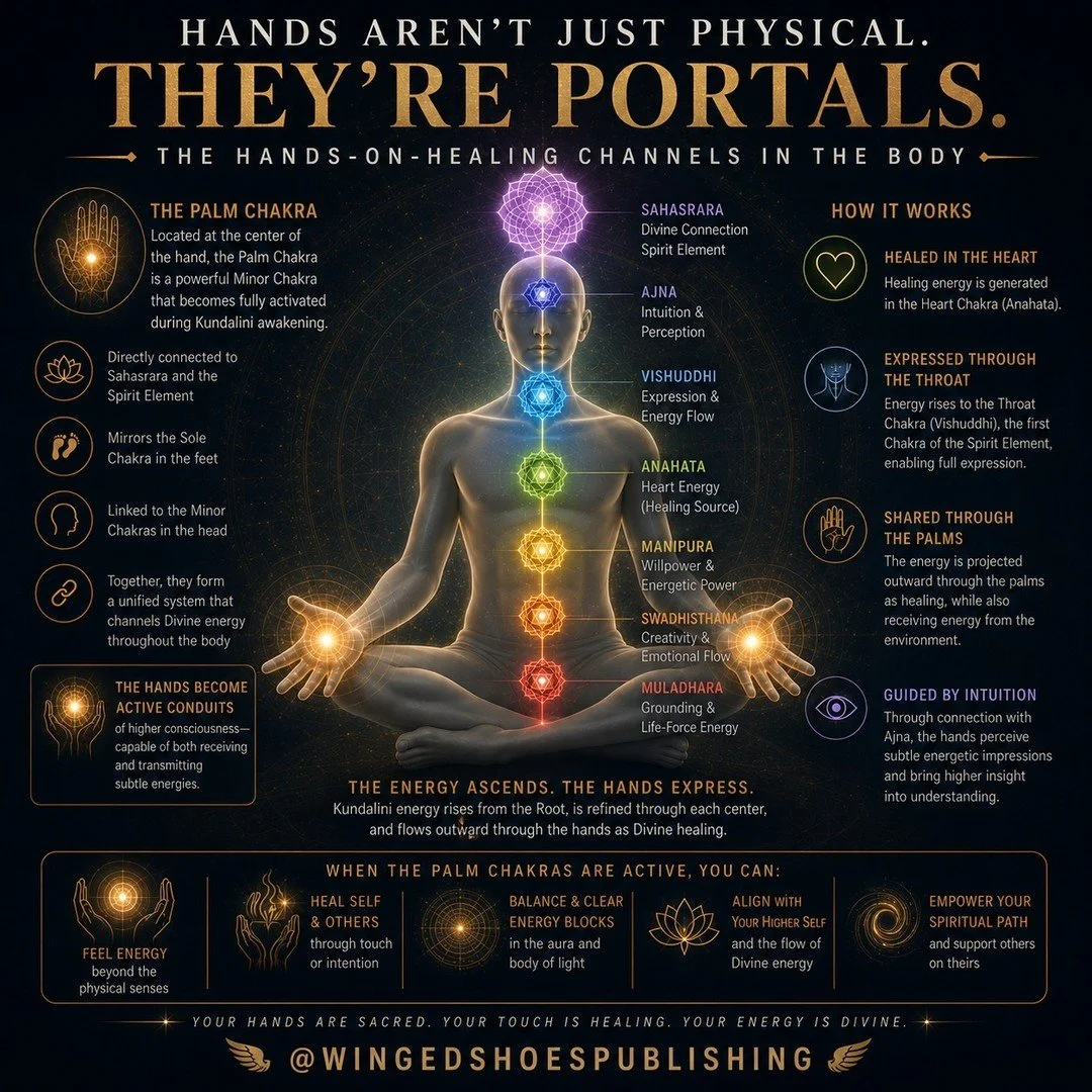"The Palm Chakra, located at the center of the hand, is one of the most important Minor Chakras and becomes fully activated during a Kundalini awakening. Directly connected to Sahasrara and the Spirit Element, it mirrors the Sole Chakra in the f