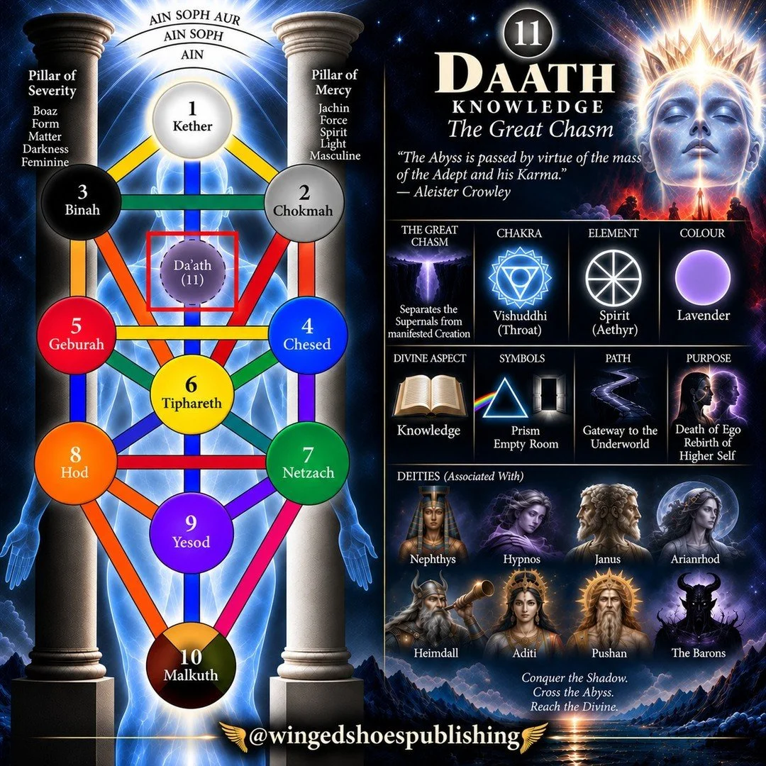 "Daath, meaning Knowledge, is the concealed eleventh Sephira of the Tree of Life, known as the Great Chasm or Abyss. Positioned between the Supernal Triangle and the lower Sephiroth, it represents the threshold separating the eternal, spiritual 