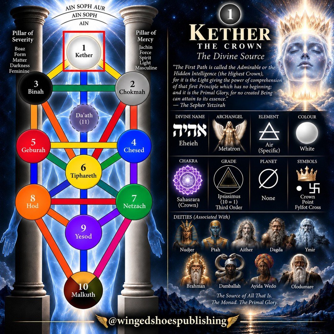 "Kether, the Crown and highest Sephira of the Tree of Life, corresponds with Sahasrara, the Crown Chakra, and represents the first point of Non-Duality. At the summit of the Pillar of Balance, it is associated with Spirit/Aethyr, white brillianc