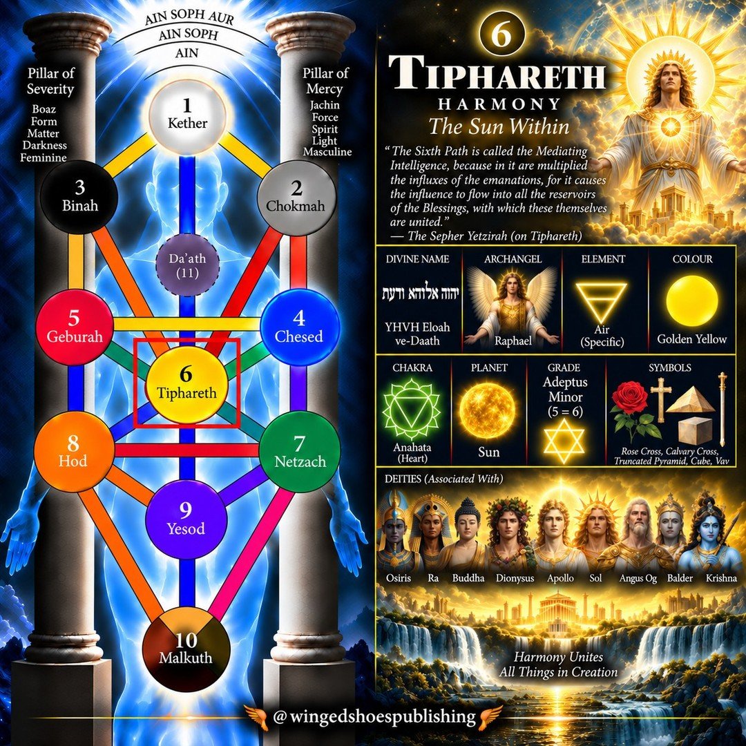 "Tiphareth is the sixth Sephira of the Tree of Life, situated at its centre on the Pillar of Balance. Its name means Beauty, and its qualities are harmony, illumination, healing, rebirth, and equilibrium. Tiphareth corresponds to the Air (Specif