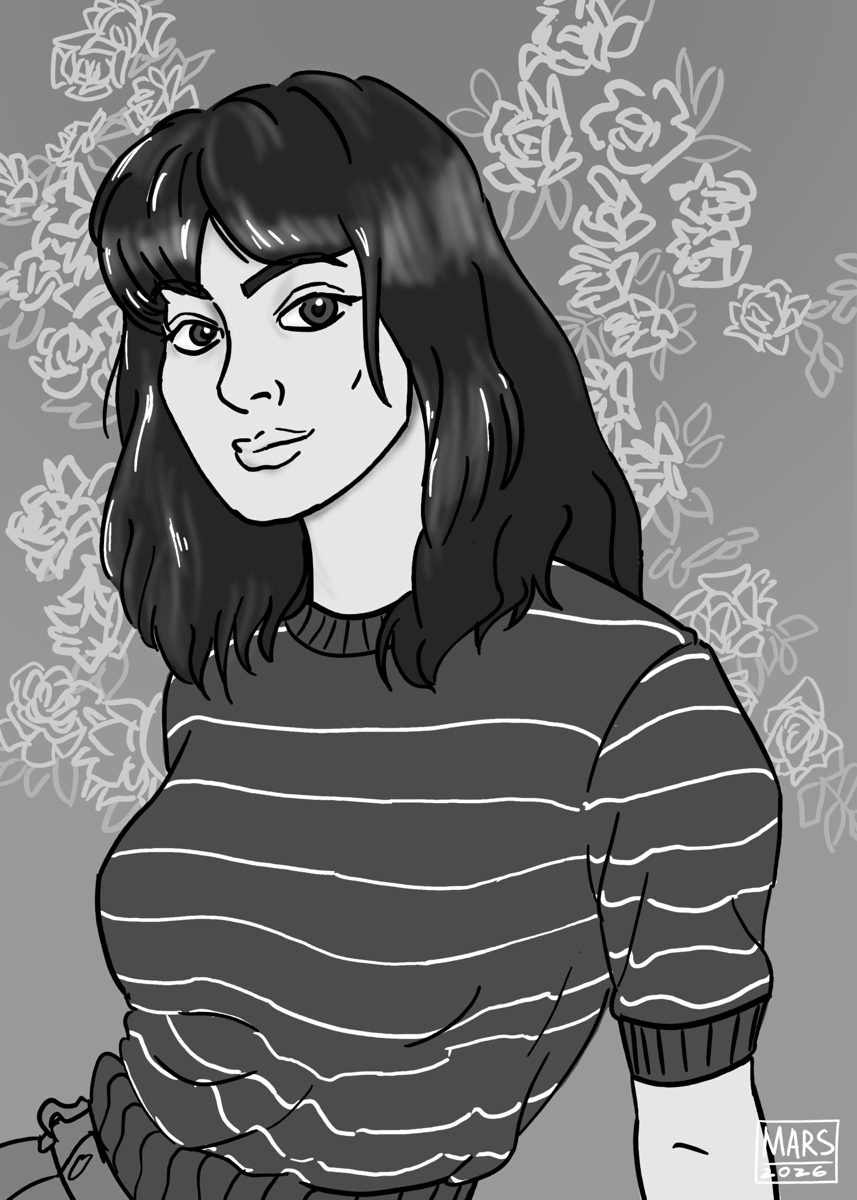 Black and white digital drawing of the author: shoulder-length dark hair, a dark gray short-sleeve sweater with horizontal white stripes, over a lighter gray background with white flowers.