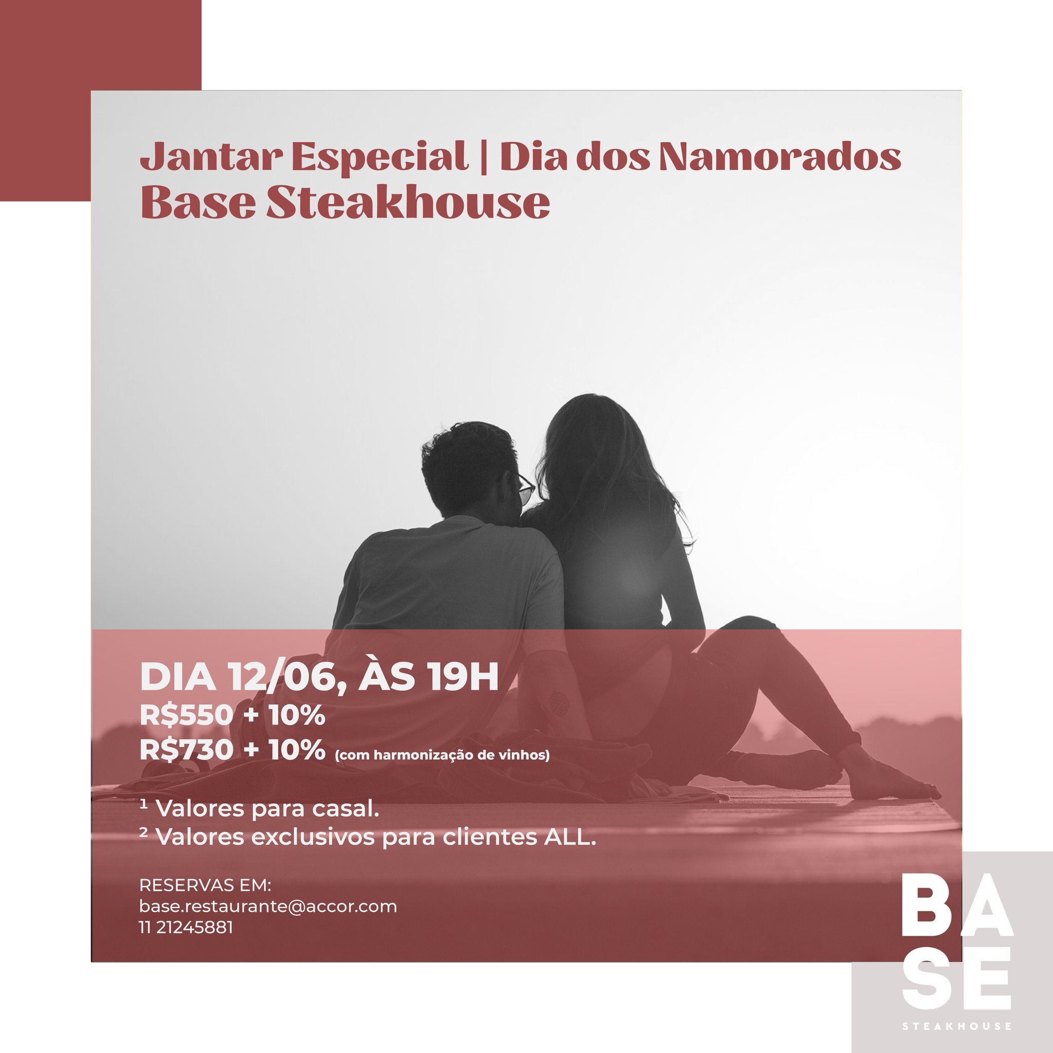 O Base Steakhouse preparou um menu super especial e exclusivo para voc&ecirc; celebrar o Dia dos Namorados esse ano!

O menu inclui Entrada + Prato Principal + Sobremesa. Voc&ecirc; pode incrementar a sua experi&ecirc;ncia adicionando harmoniza&ccedi