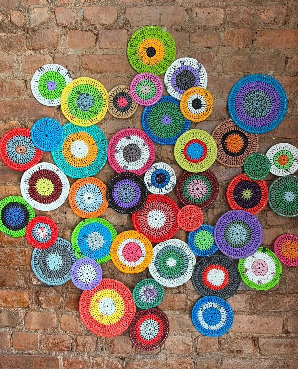 Ode to Gail / 40" x 40" / Upcycled Plastic Bags on Metal Rings - On a Solid Background