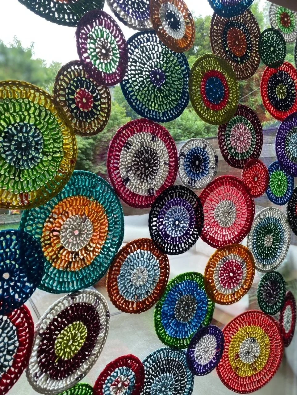 Ode to Gail / 40" x 40" / Upcycled Plastic Bags Crocheted on Metal Rings - Backlit