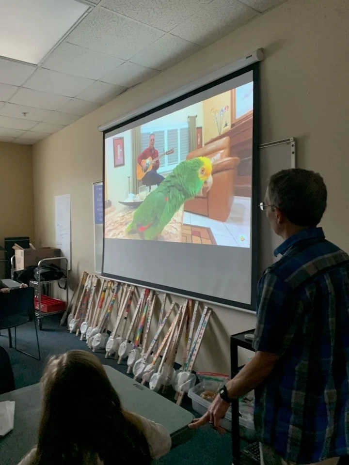 Student banjos lined up against a classroom wall underneath a video screen. Screen shows a man playing his guitar along with a parrot singing.