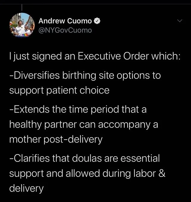 Thank you @nygovcuomo  for acknowledging the importance and essential need for Doulas. No birthing person should ever have to labor and birth without their partner AND Doula.