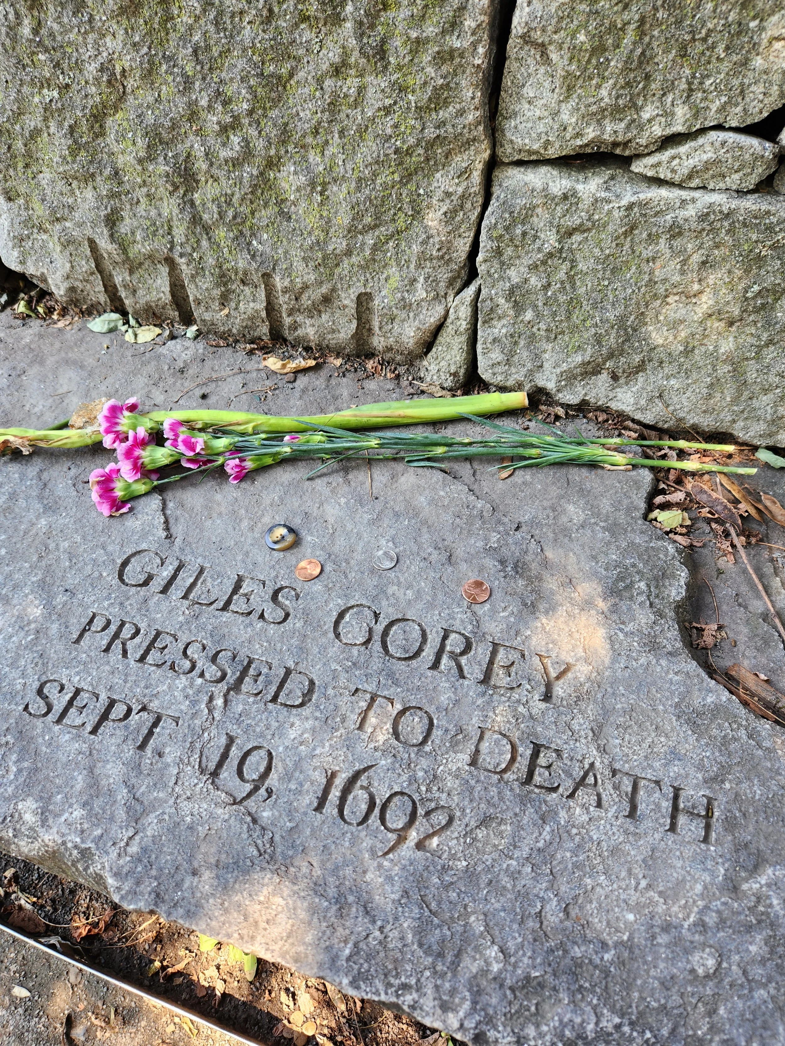  The memorial stone for Giles Corey, the man who actually did get stoned (pressed) in Salem. 