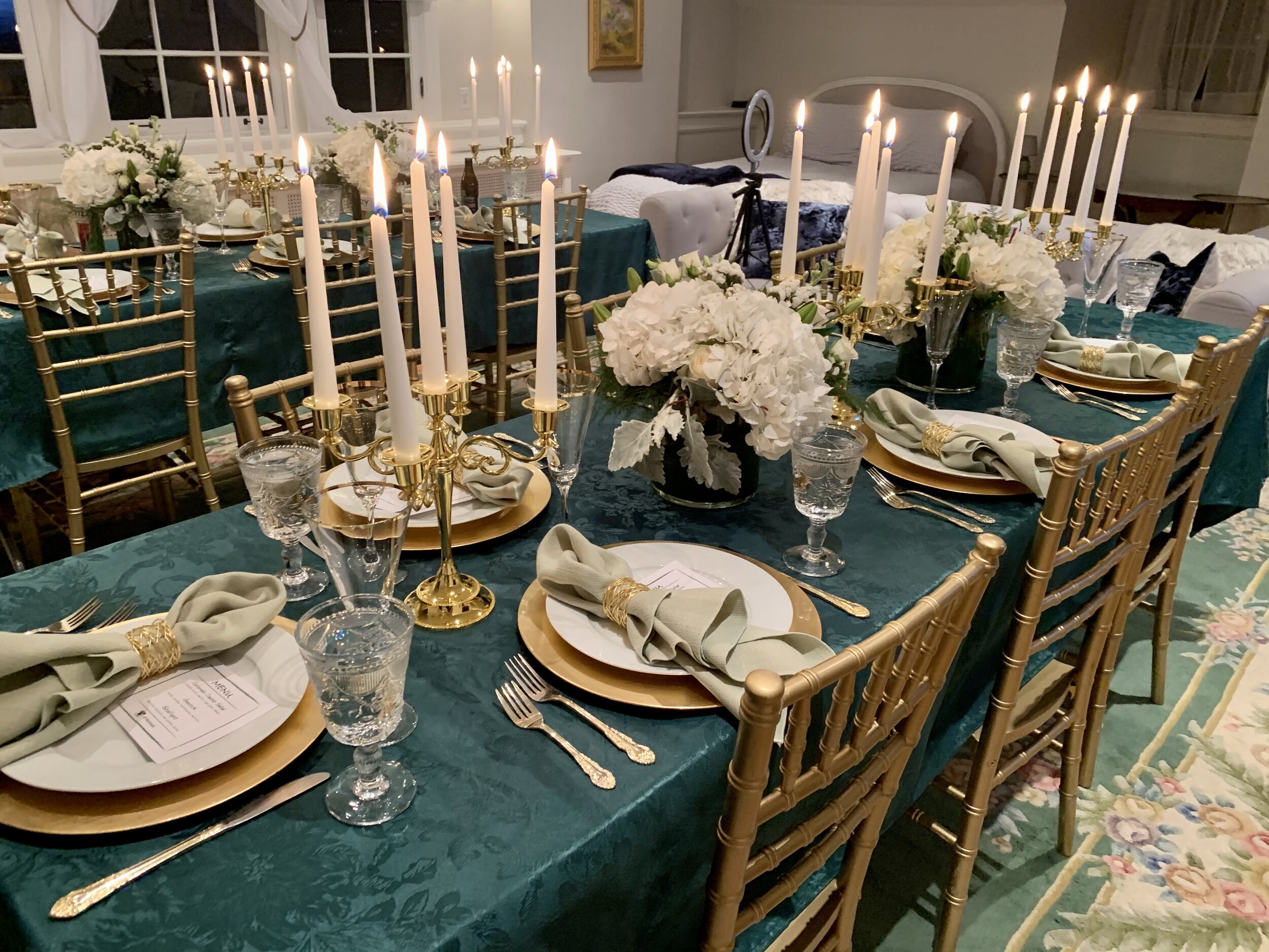  Elegant birthday party with a hunter green and gold theme. 