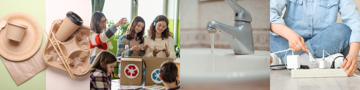 4 ways to make your home more eco friendly including reusable packaging, recycling, turning off the water, unplugging devices