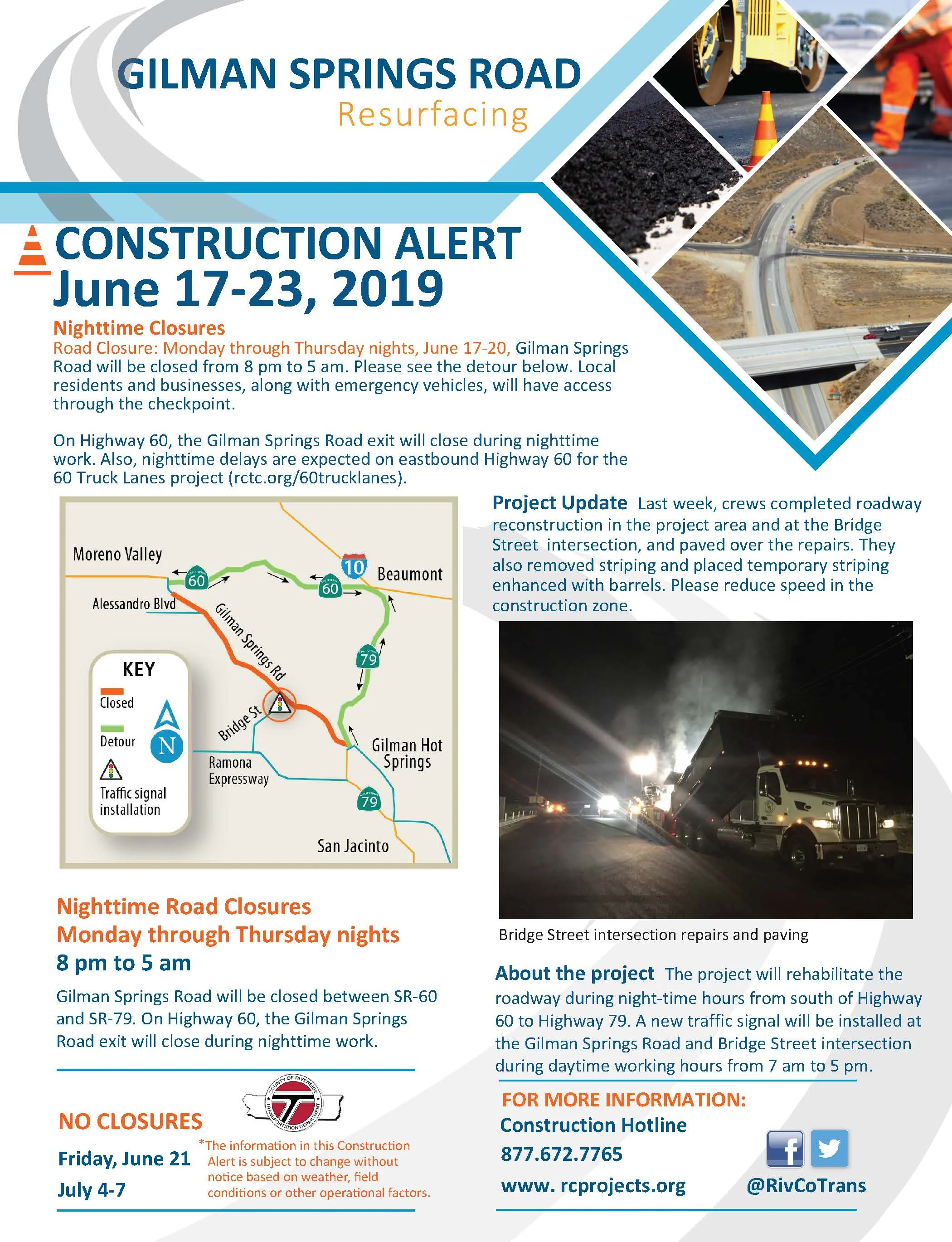 Construction Alert flyer for June 17-23, 2019