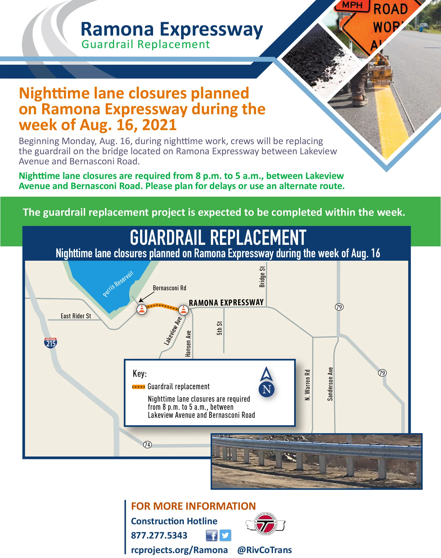 CONSTRUCTION ALERT: Nighttime lane closures on Ramona Expressway btwn Lakeview Avenue and Bernasconi Road for guardrail replacement