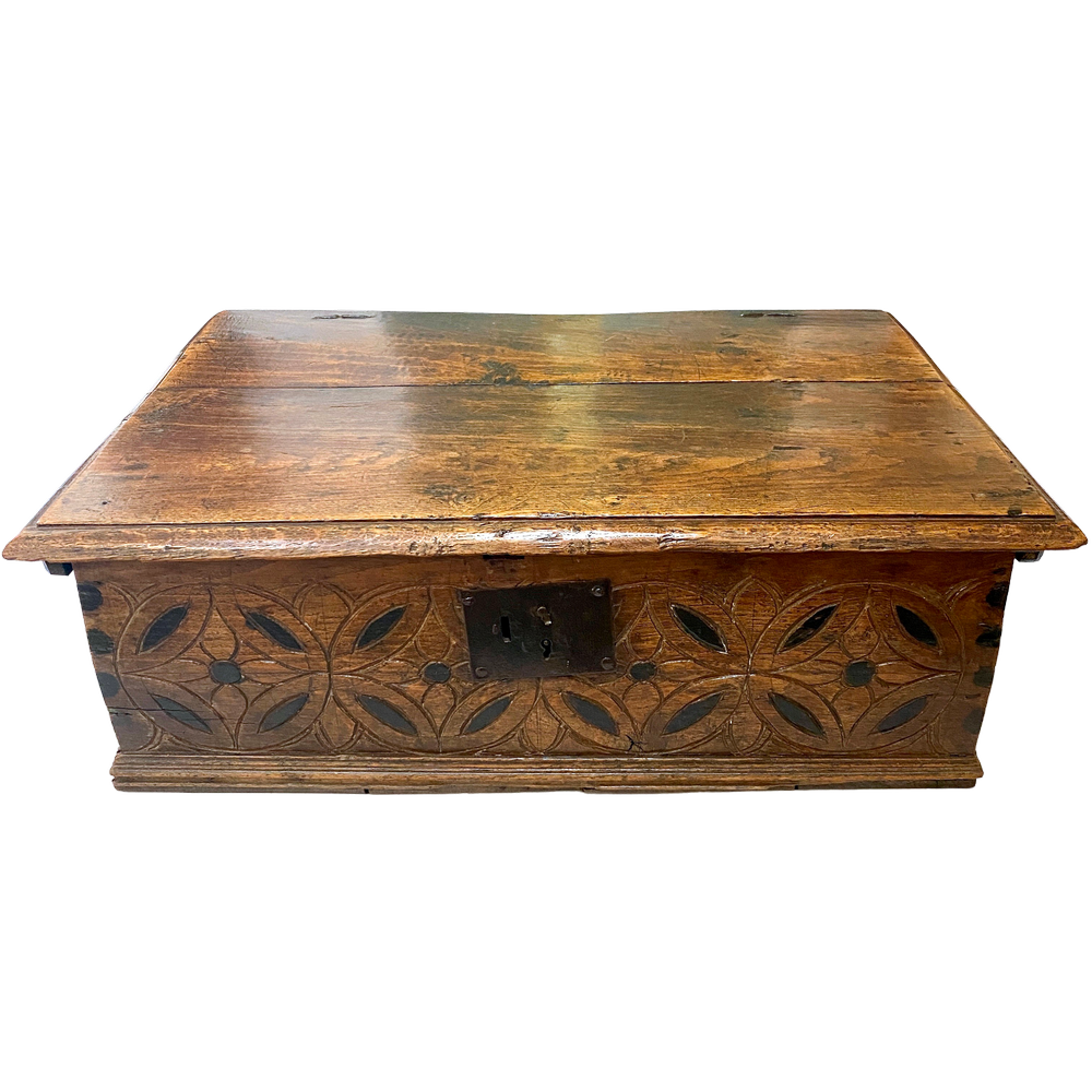 17th Century Oak Bible Box, with Geometric Carved Front with
