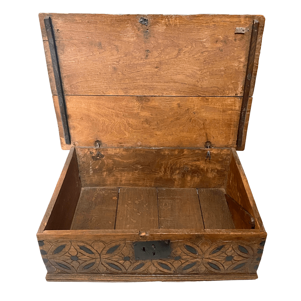 17th Century Oak Bible Box, with Geometric Carved Front with
