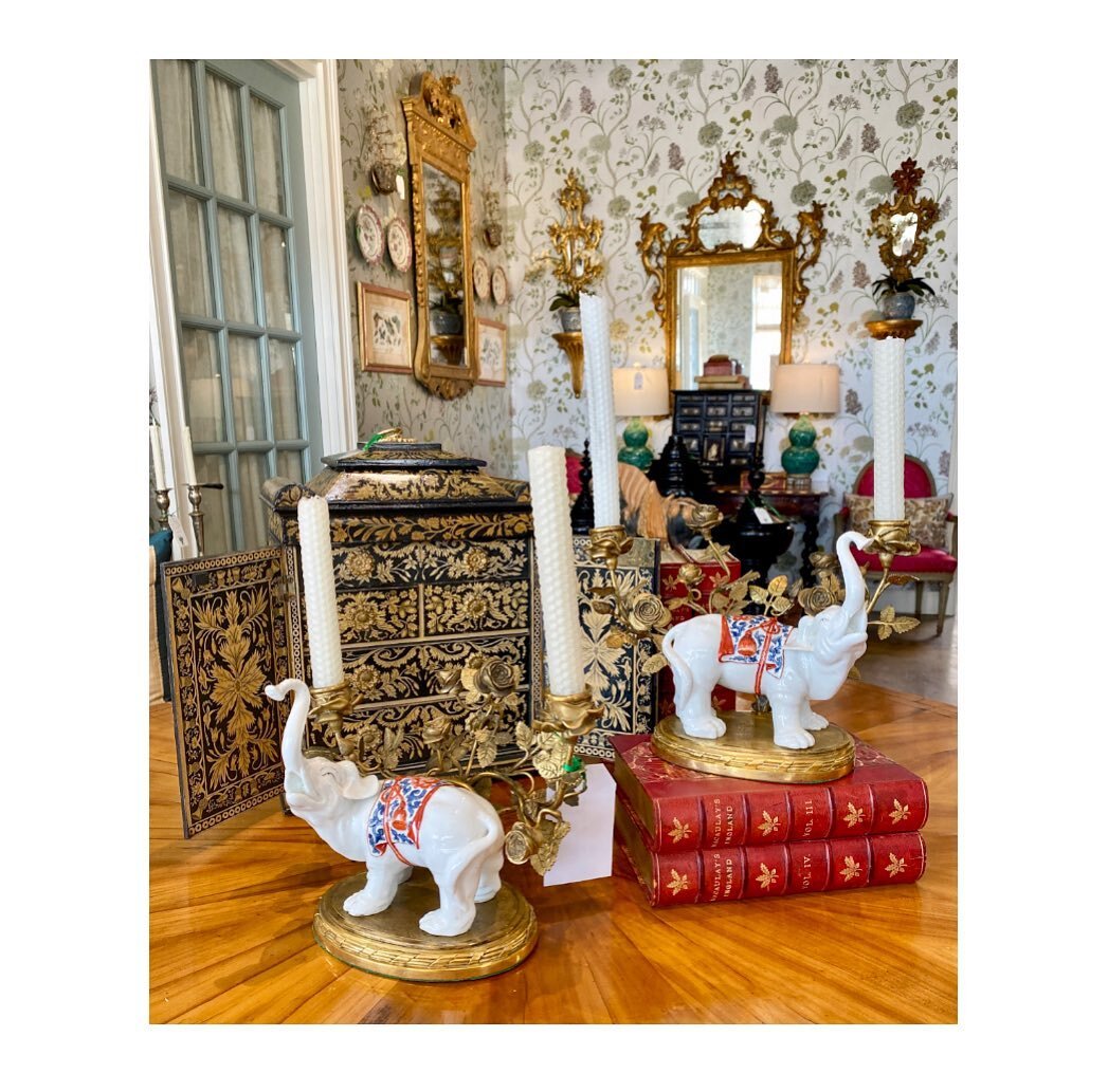 Pair of Blanc De Chine Elephants, Circa 1940, with Bronze Floral Candelabra #englishpenwork #wolfhallantiques #antiques #interiordesign #interiordesigner #interiordecor #dallasdesign #interiorporn  #fineantiques #antiqueshop #interiorstyling