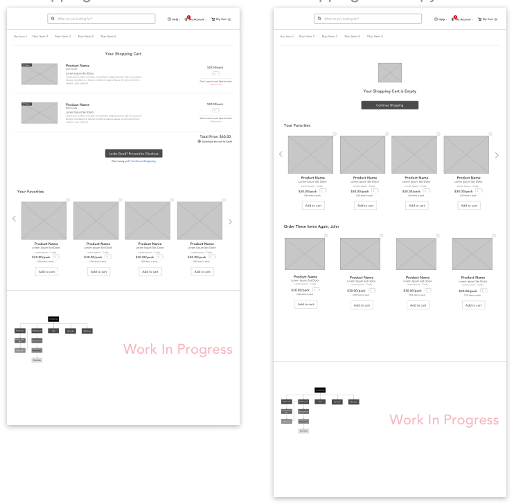 Some of the shopping cart wireframes created for Sprint 3