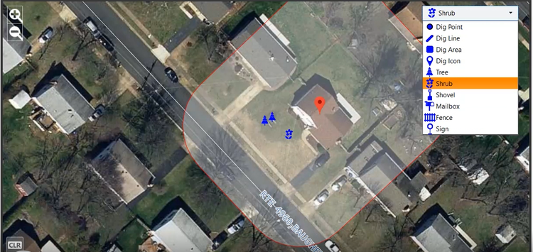 Figure 2 Real life dig objects such as a tree, fence, mail box, etc. are placed onto a 2-dimensional map when the ticket is created.