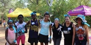 The Blue Smurfs pose for a team photo. Pictured (l to r) Martika Sampi (Lombadina), Davina (Warmun), Shania Mandijalu (Bidyadanga), Saphire Birch (Wyndham), Leah Allen (Garnduwa Kununurra), Rachel Burns (Skillhire Broome) and Norma Hunter (Broome)