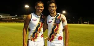 AFL players from the Kimberley at the recent Indigenous All Stars Match in Perth- Josh Hill of the West Coast Eagles (l) and Jack Martin of the Gold Coast Suns (r)