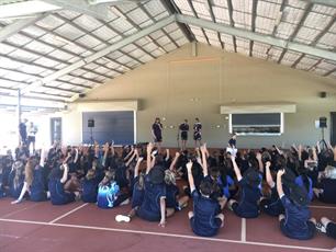 Tom Sheridan, Lachie Weller & Connor Blakely addressing the Broome North Primary School during their visit