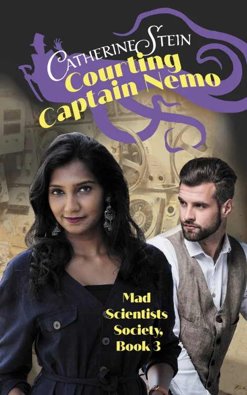 Title and author name at the top over a cartoon shadow man with tentacles. There's a steampunk-looking submarine control panel as the background. In the front is a SE Asian women in a jumpsuit and a white man in a shirt and vest.
