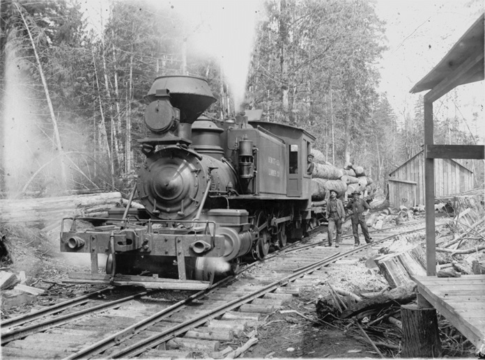 A locomotive belonging to the Hewitt and Lee logging company in Bellevue hauls a load of logs. (2002.147.004)