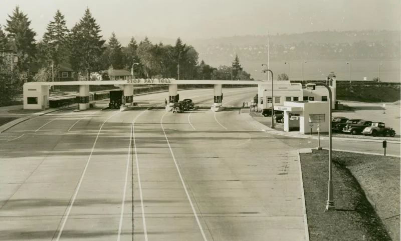 Toll plaza on Mercer Island, looking across Lake Washington to Seattle
