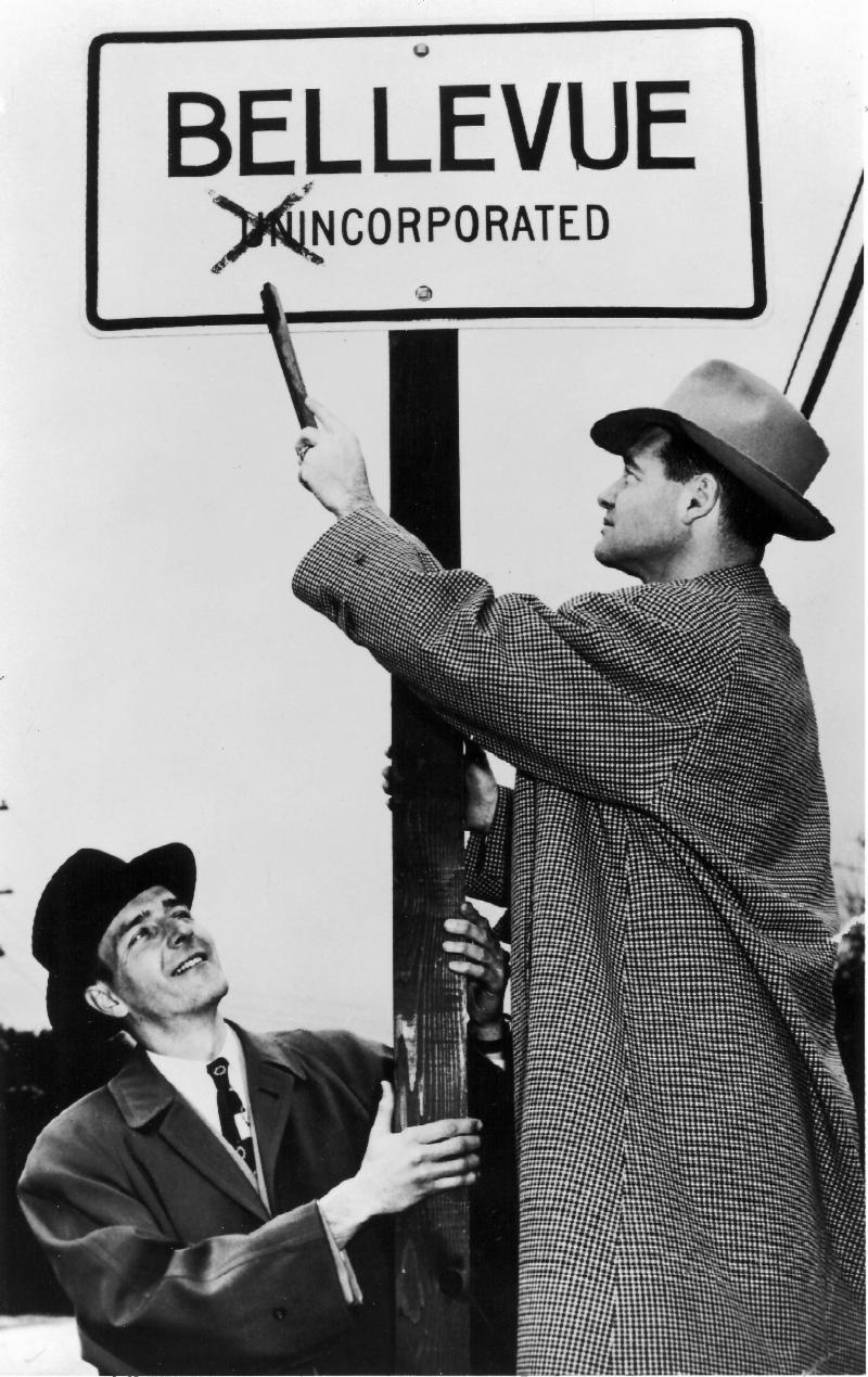 Eugene Boyd and Phil Reilly celebrate the incorporation of Bellevue in 1953
