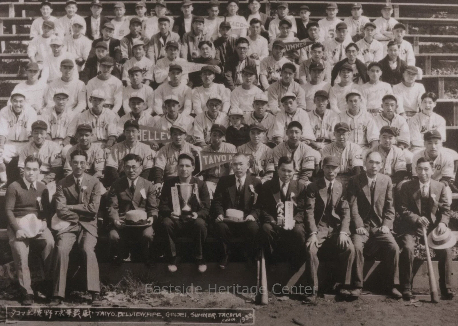 Puget Sound area Japanese baseball teams - Bellevue, Taiyo, Fife, Sumner, Auburn, Tacoma, 1933. (J 89.04.04)

 #kingcounty #localhistory #bellevue #baseball #japaneseamerican