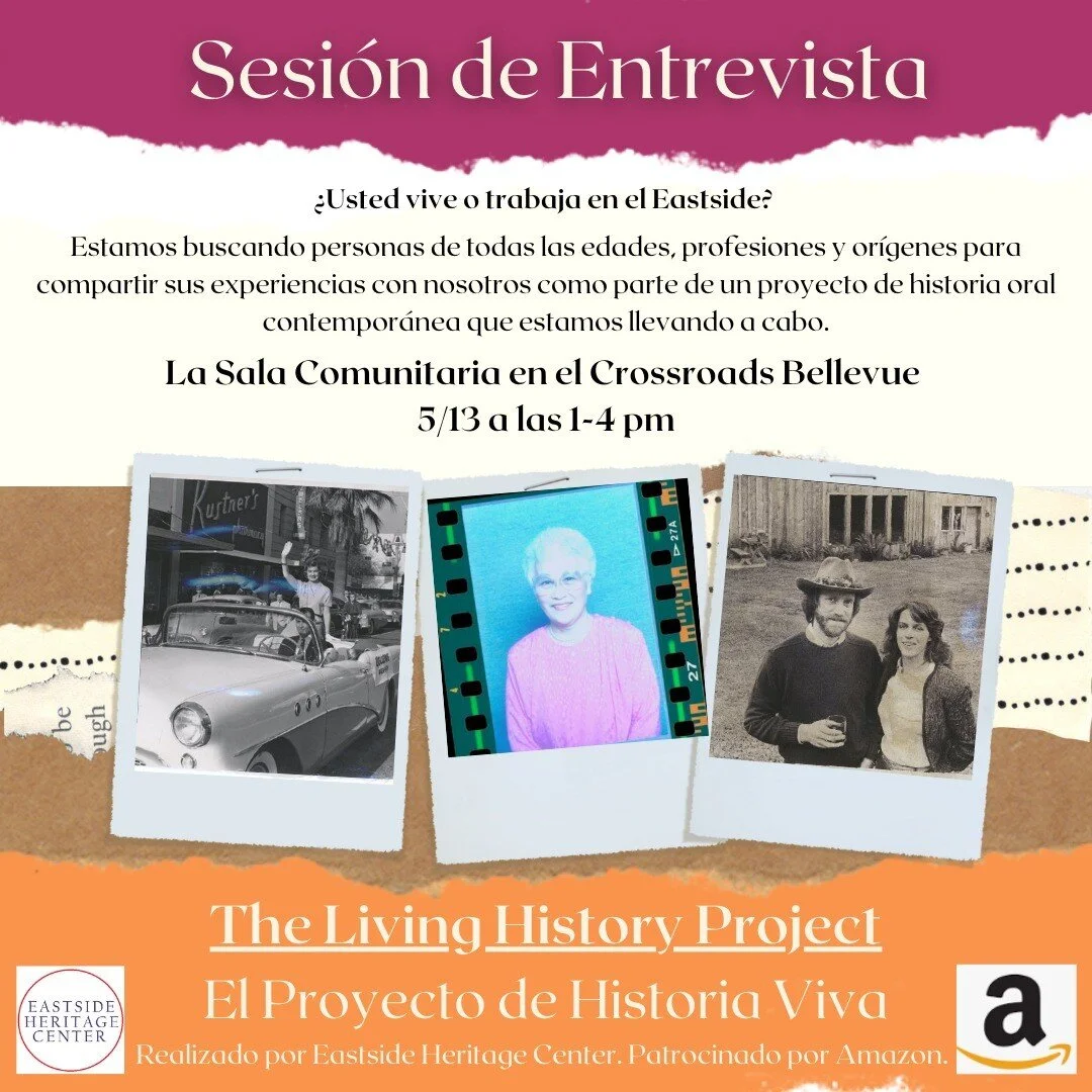 Sesi&oacute;n Sin Cita de Historia Oral de la Comunidad @crossroadsbellevue, 5/13 (1-4pm) | El Proyecto de Historia Viva

Spanish-Speaking Community Oral History Drop-In Session 
@crossroadsbellevue, 5/13 (1-4pm) | The Living History Project

https:/