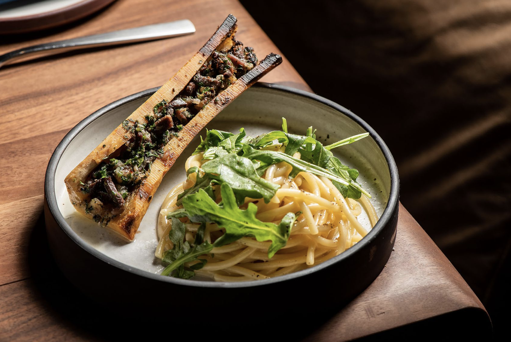 Bucatini with bone marrow, duck prosciutto, and brown butter shallots Wonho Frank Lee