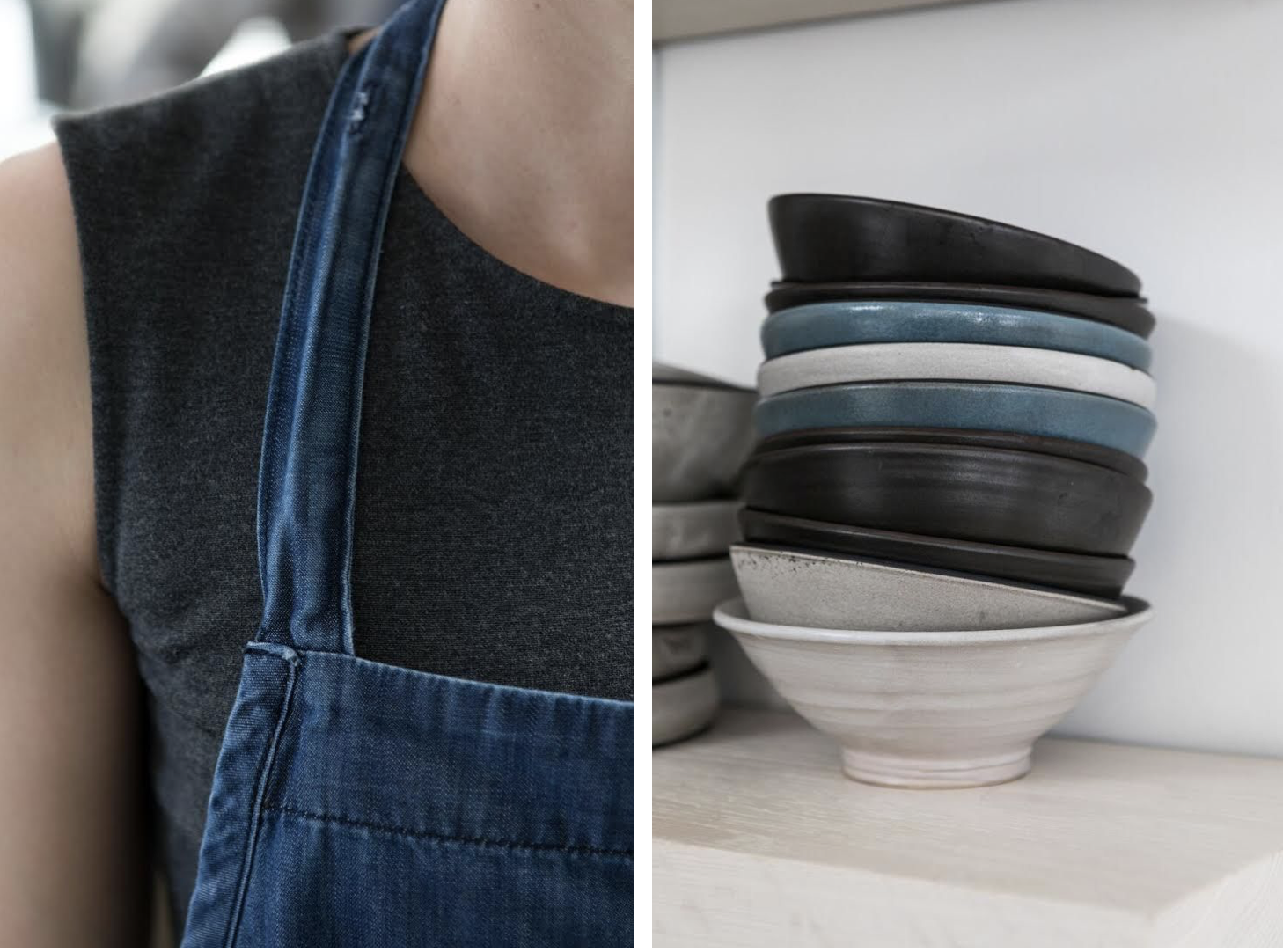 The staff’s jeans and denim aprons are from FRAME , which is next door to Destroyer. Above R: The restaurants ceramics are by MATCH stoneware