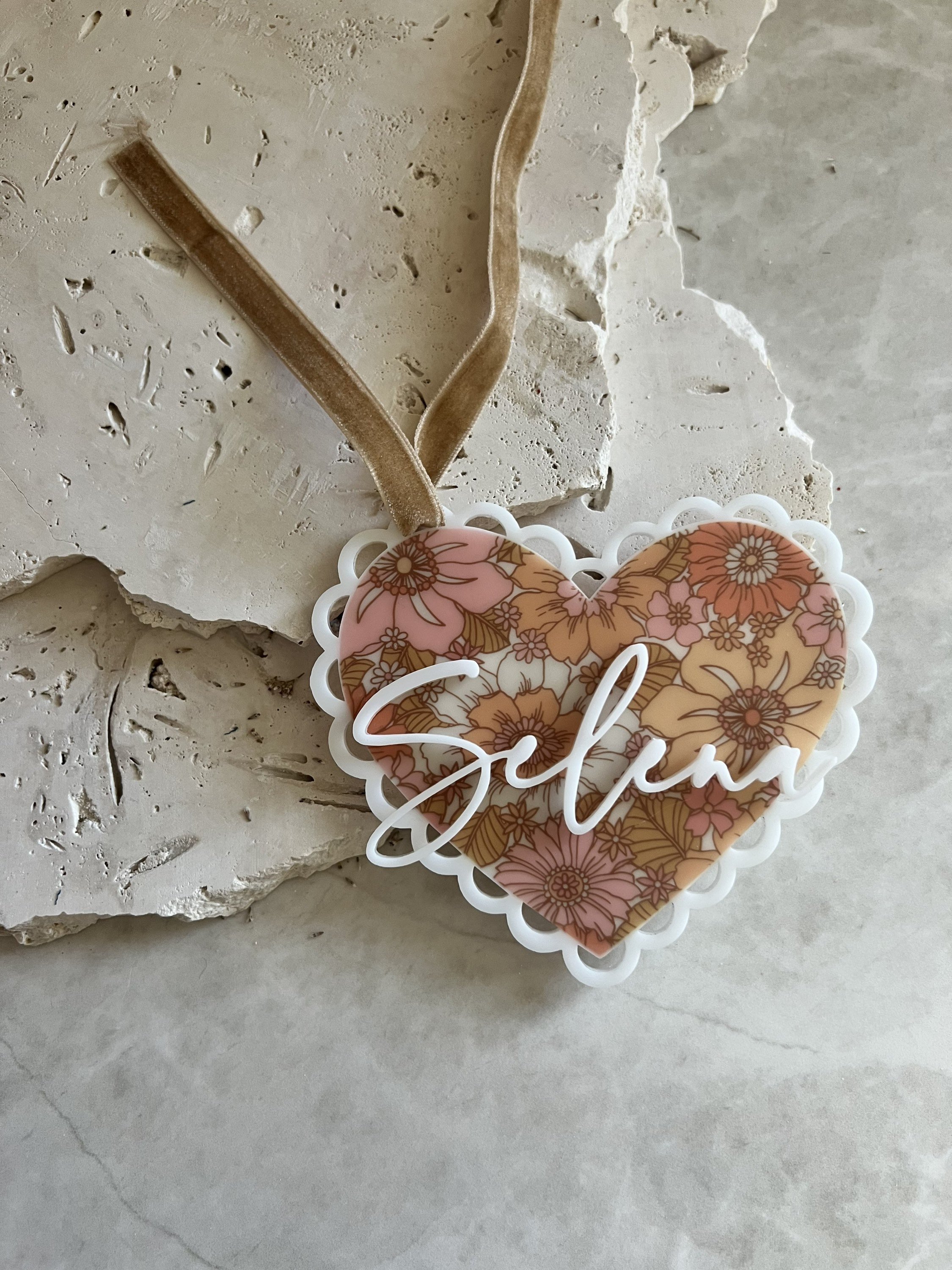 Floral Heart Doily Ornament | Heart Acrylic Gift Tag| Basket Tag| Heart Gift Tag | Groovy Flowers | Daisies Gift Tag
