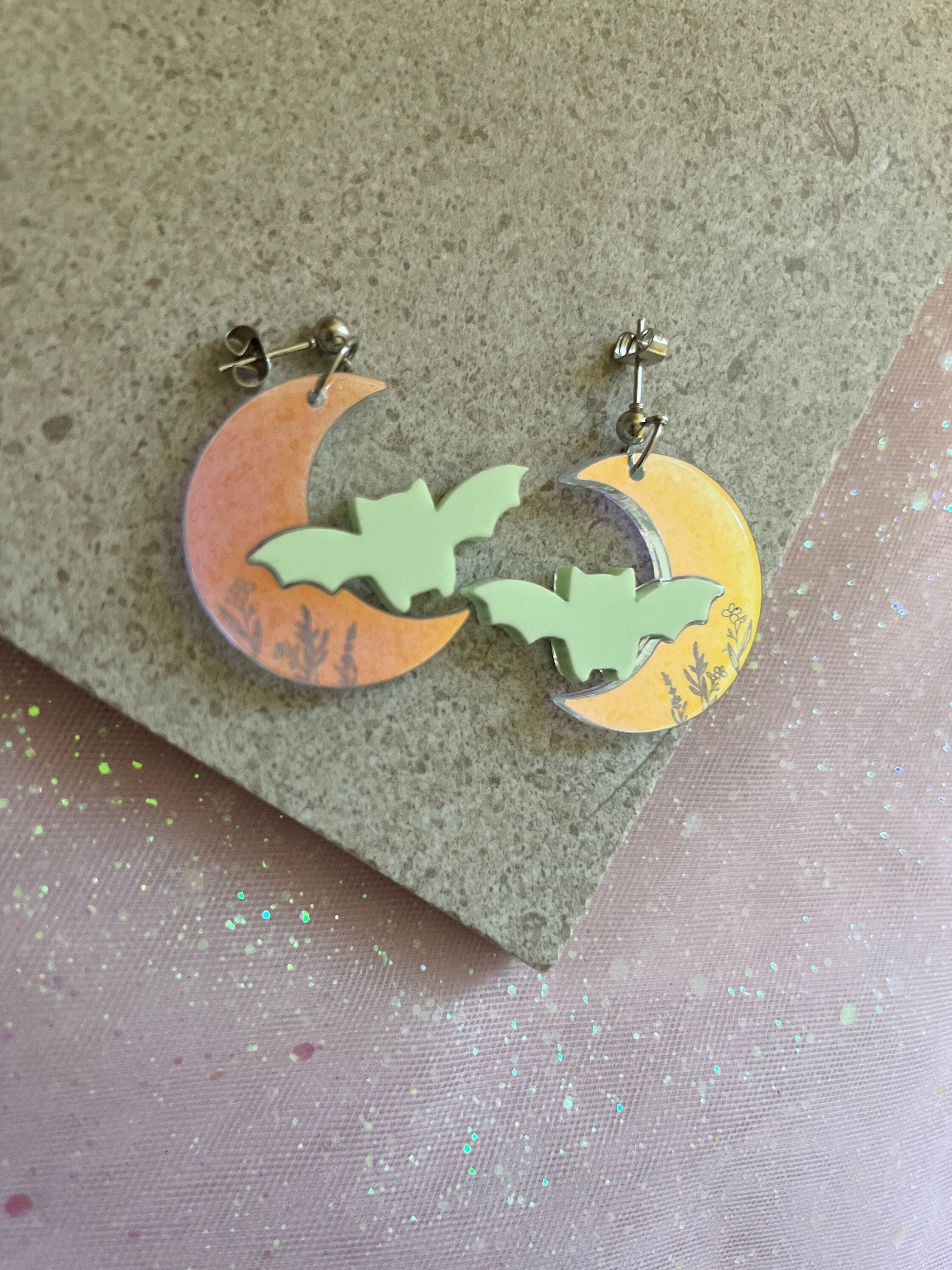 Crescent Moon Bats Halloween Engraved Earrings