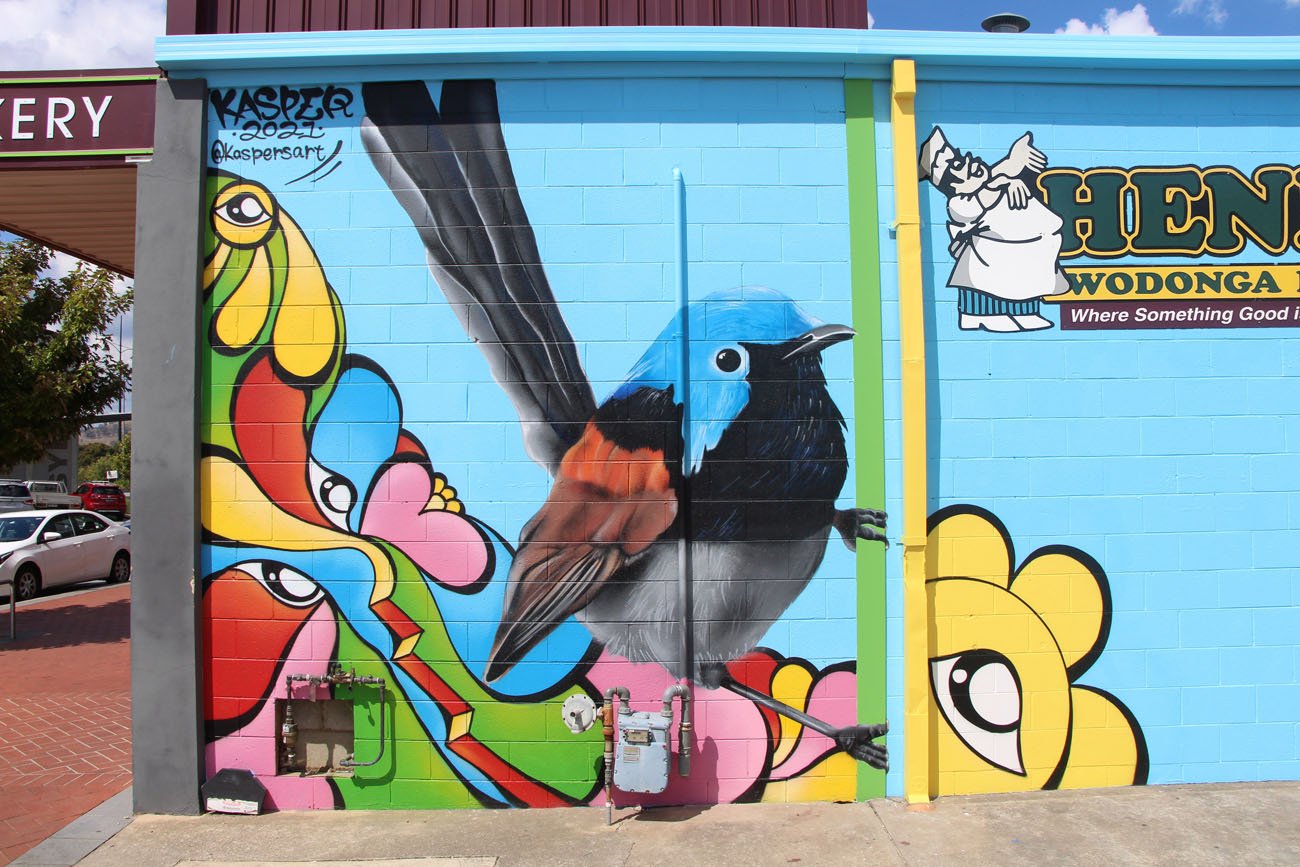 Blue Wren Mural painted on Henris Bakery found at 57 Hovell St, Wodonga VIC 3690