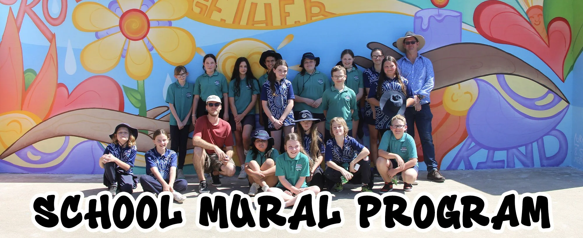 Interactive school mural programs facilitated be Melbourne Mural Artist Lukas Kasper teaching kids and painting large scale murals at schools around Melbourne and Victoria