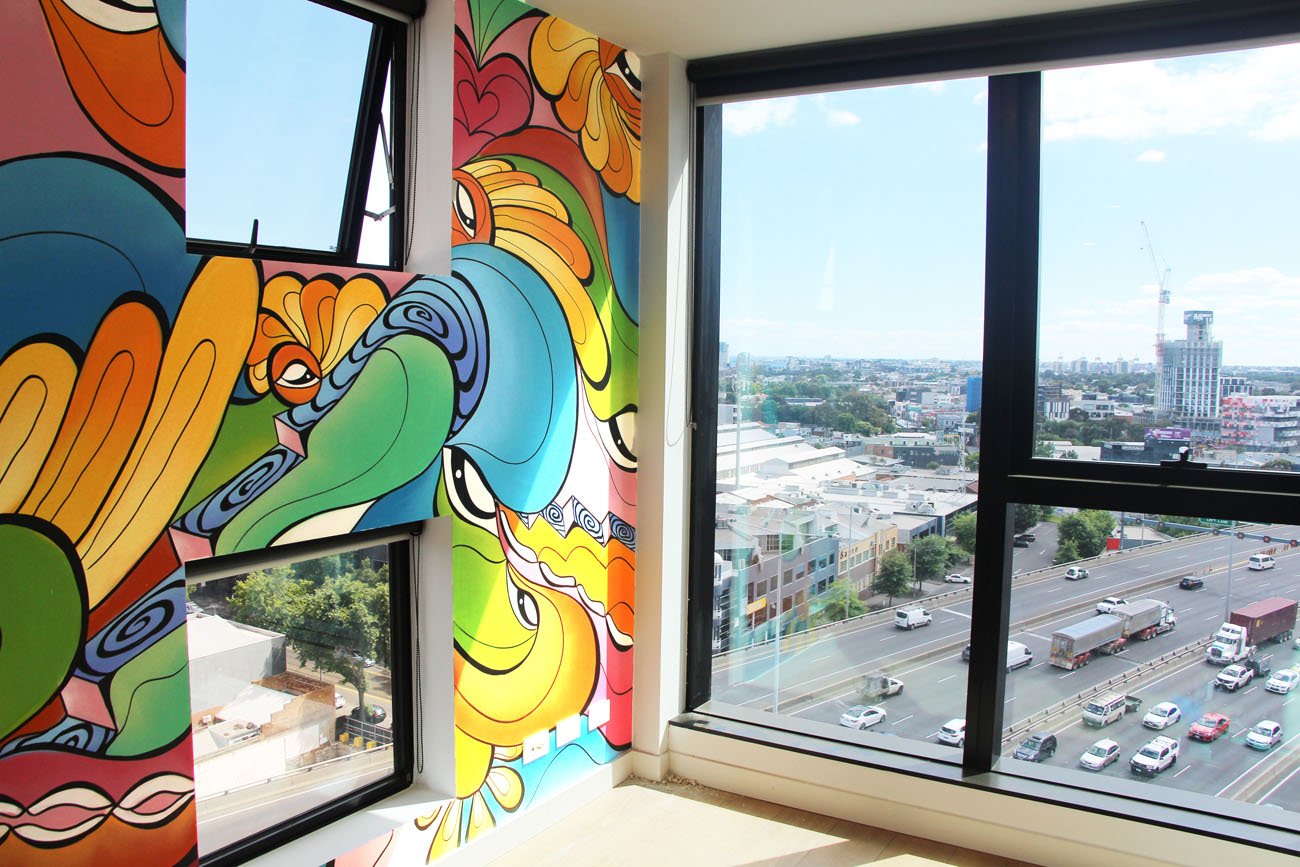 Vibrant interior street art mural in Melbourne Apartment