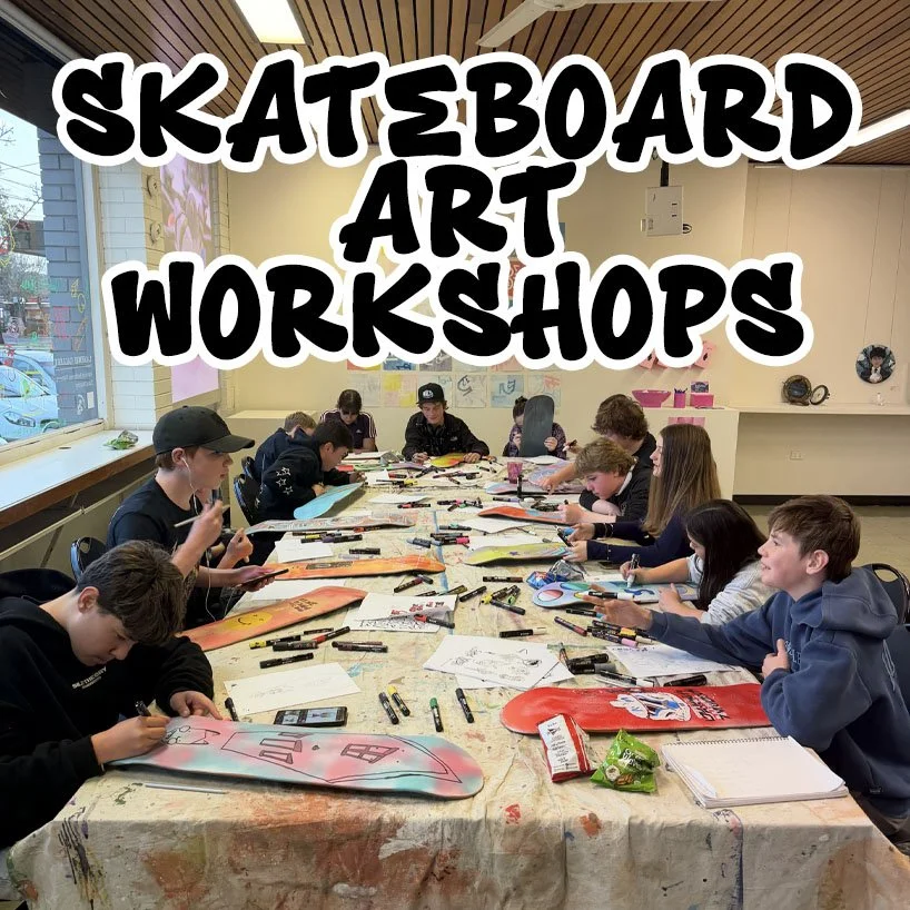 Skateboard Art Workshop Programs in Melbourne Facilitated By Melbourne Mural Artist Lukas Kasper For Schools, Community Groups, and Youth Programs