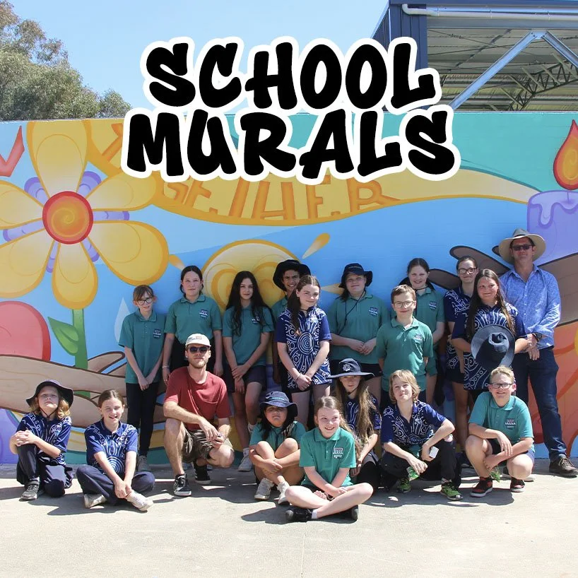 Interactive school mural programs facilitated be Melbourne Mural Artist Lukas Kasper teaching kids and painting large scale murals at schools around Melbourne and Victoria